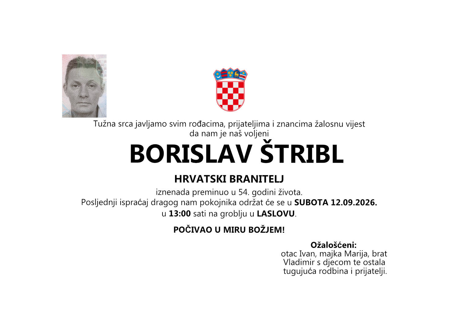 BORISLAV ŠTRIBL, SUBOTA 12.09.2026. u 13:00 sati, GROBLJE LASLOVO