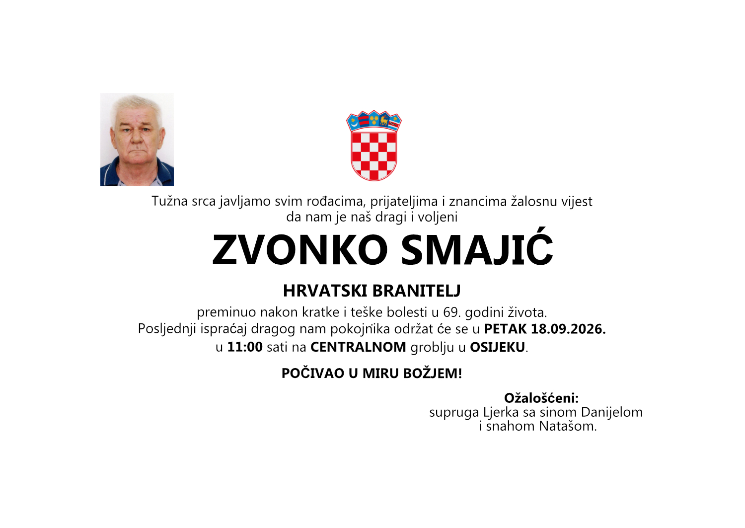 ZVONKO SMAJIĆ, PETAK, 18.09.2026. u 11:00 sati, CENTRALNO GROBLJE OSIJEK