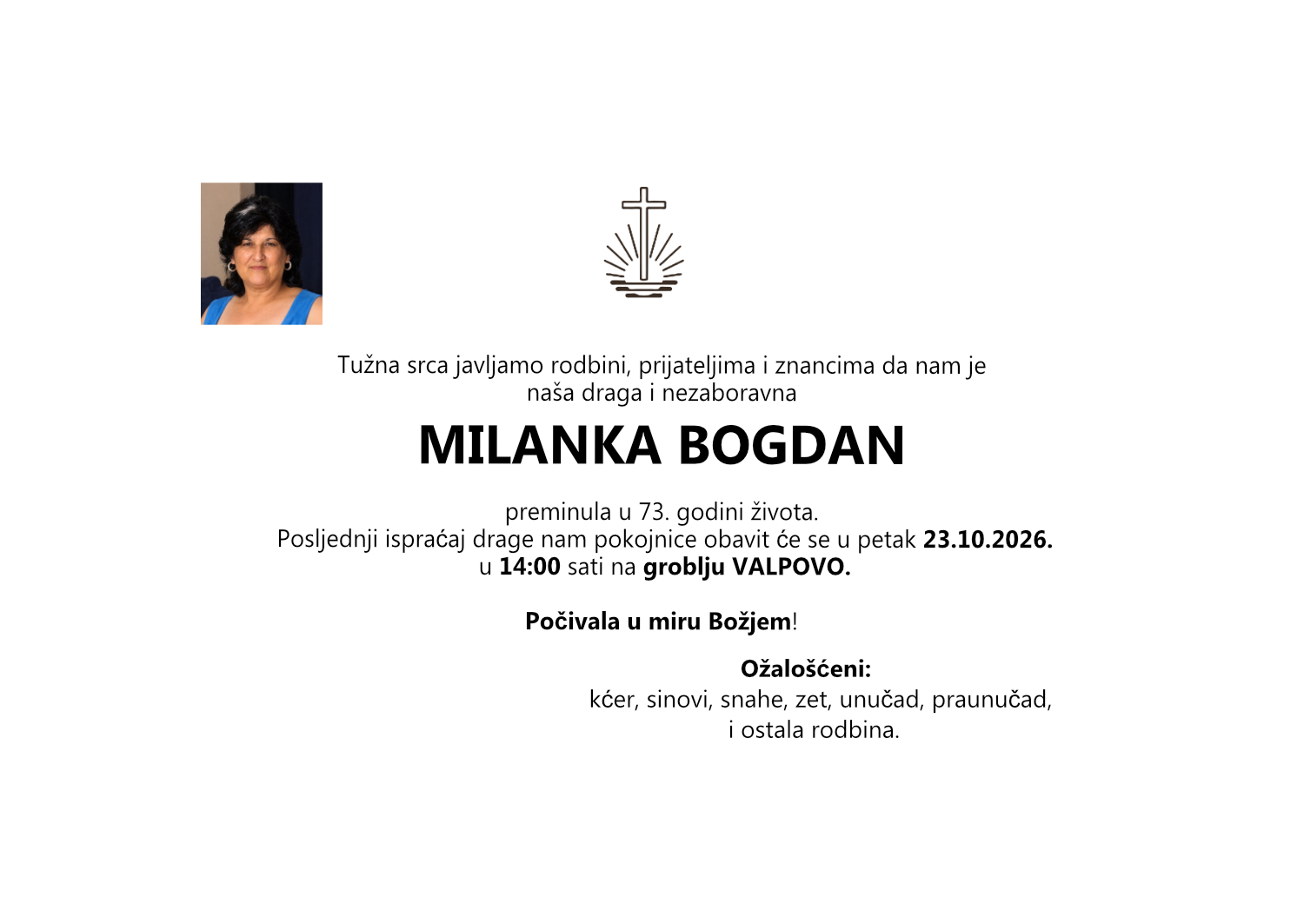 Milanka Bogdan, petak 23.10.2026. u 14:00 sati, groblje Valpovo