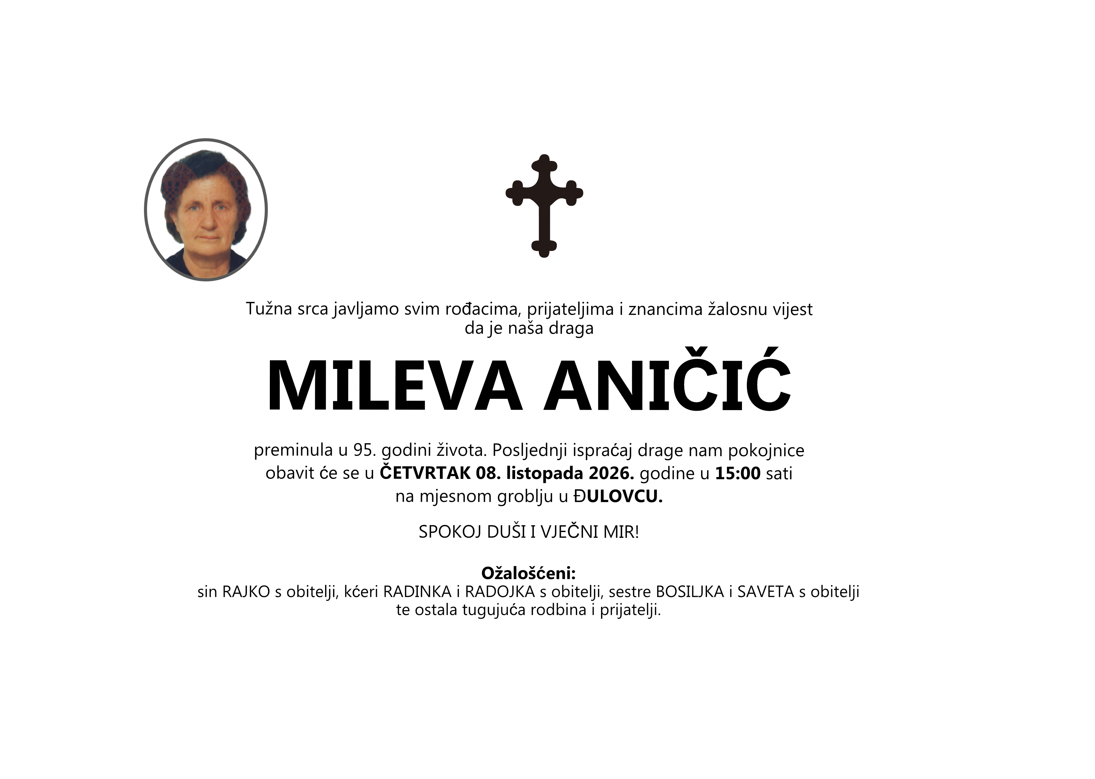 MILEVA ANIČIĆ, četvrtak 08.10.2026. god. u 15:00 sati, ĐULOVAC