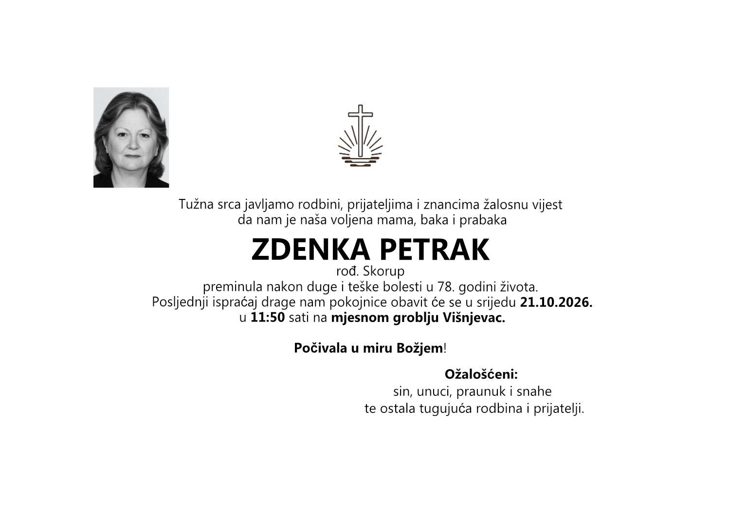 Zdenka Petrak, srijeda 21.10.2026. u 11:50 sati, groblje Višnjevac