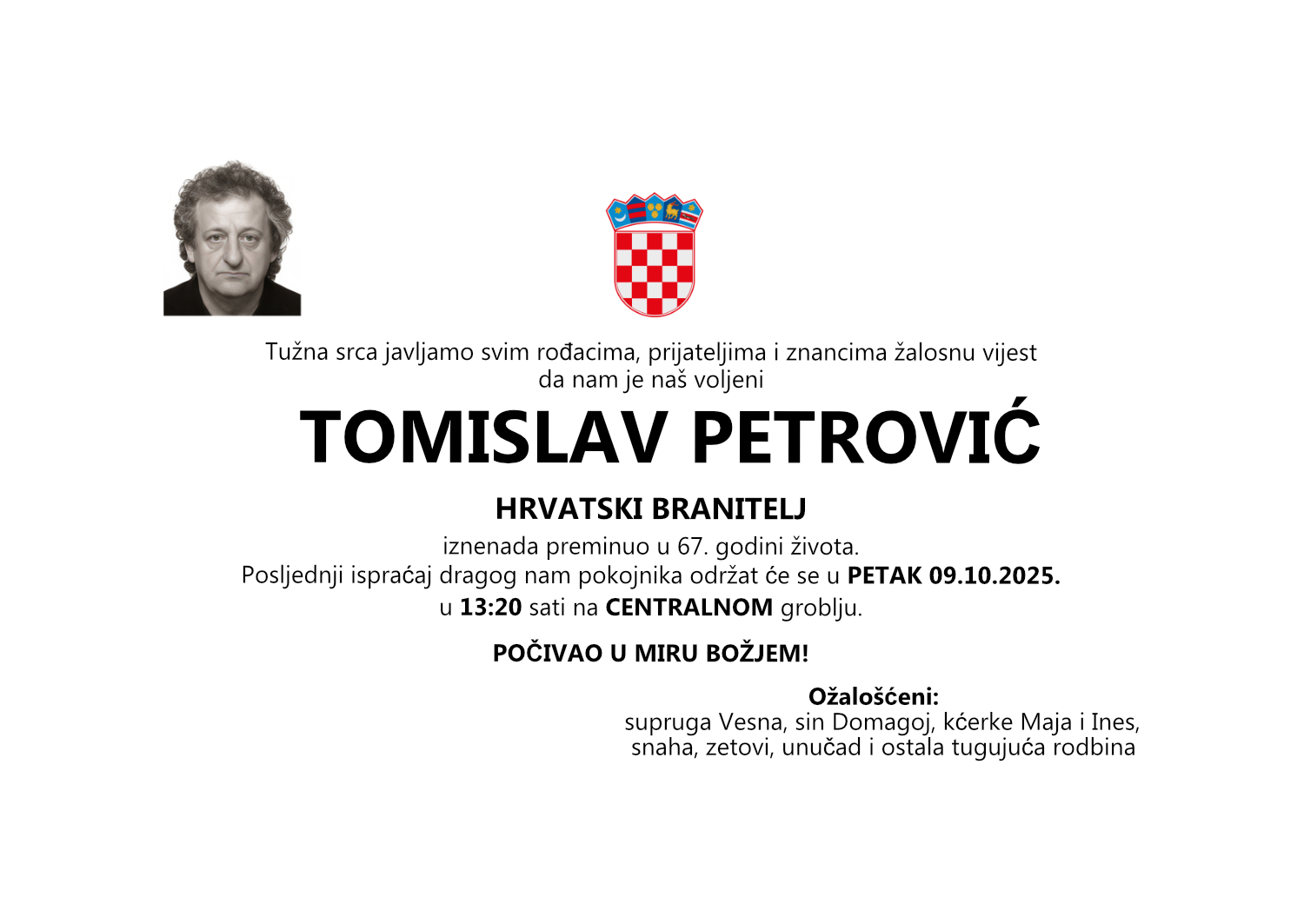 Tomislav Petrović, petak 09.10.2026. u 13:20 sati, Centralno groblje