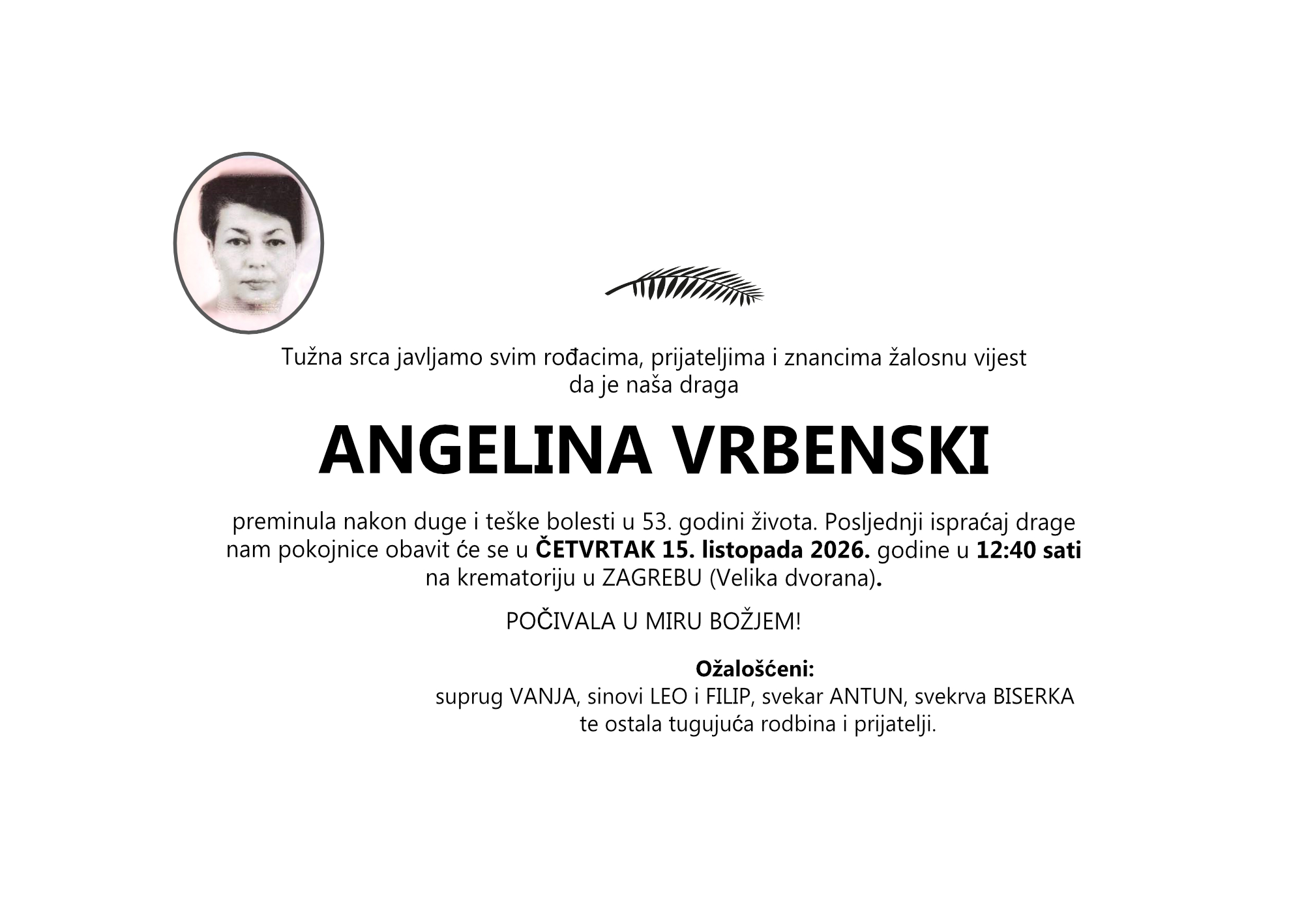 ANGELINA VRBENSKI, četvrtak 15.10.2026. god. u 12:40 sati, ZAGREB (velika dvorana)
