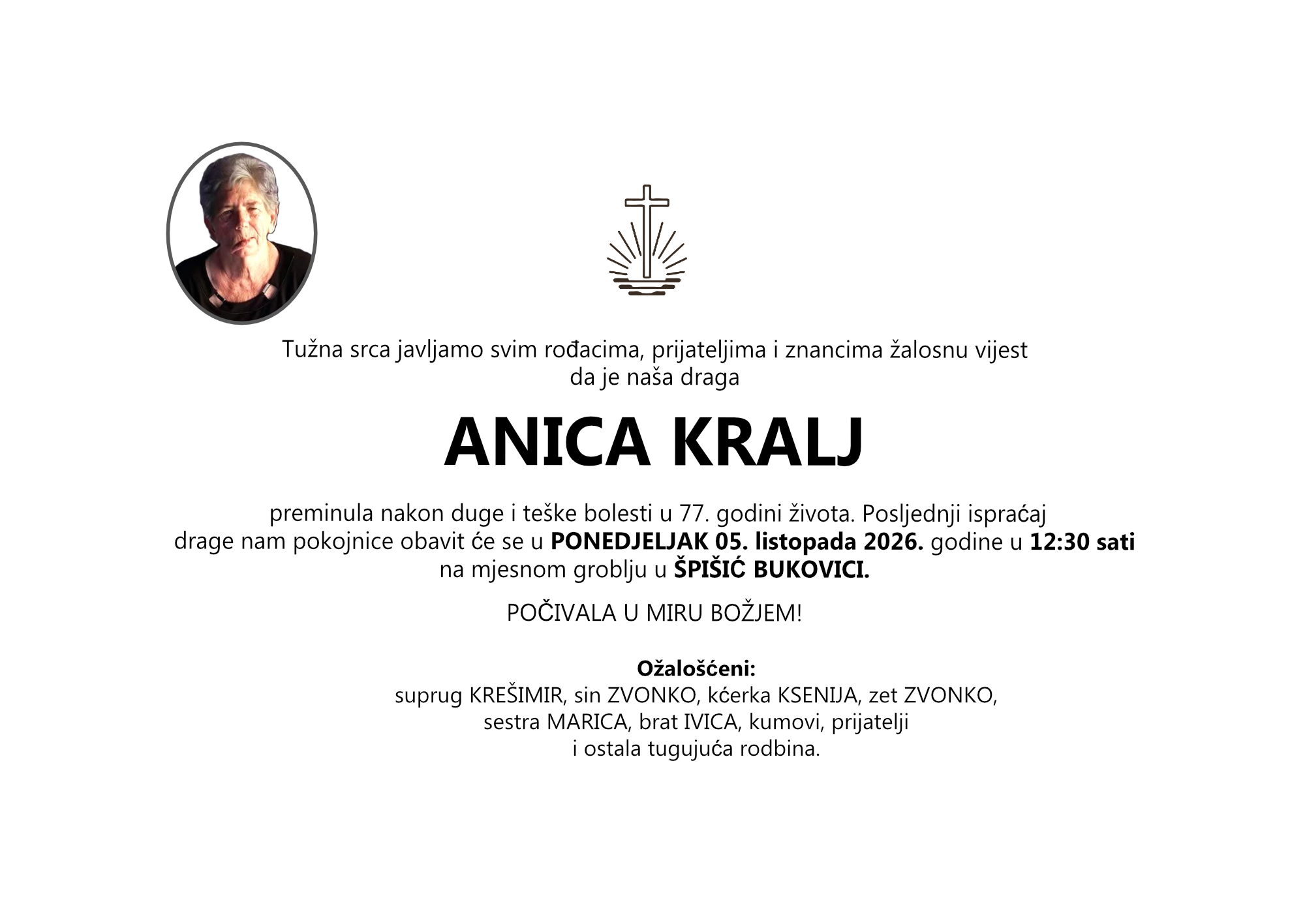 ANICA KRALJ, ponedjeljak 05.10.2026 god. u 12:30 h Š.Bukovica