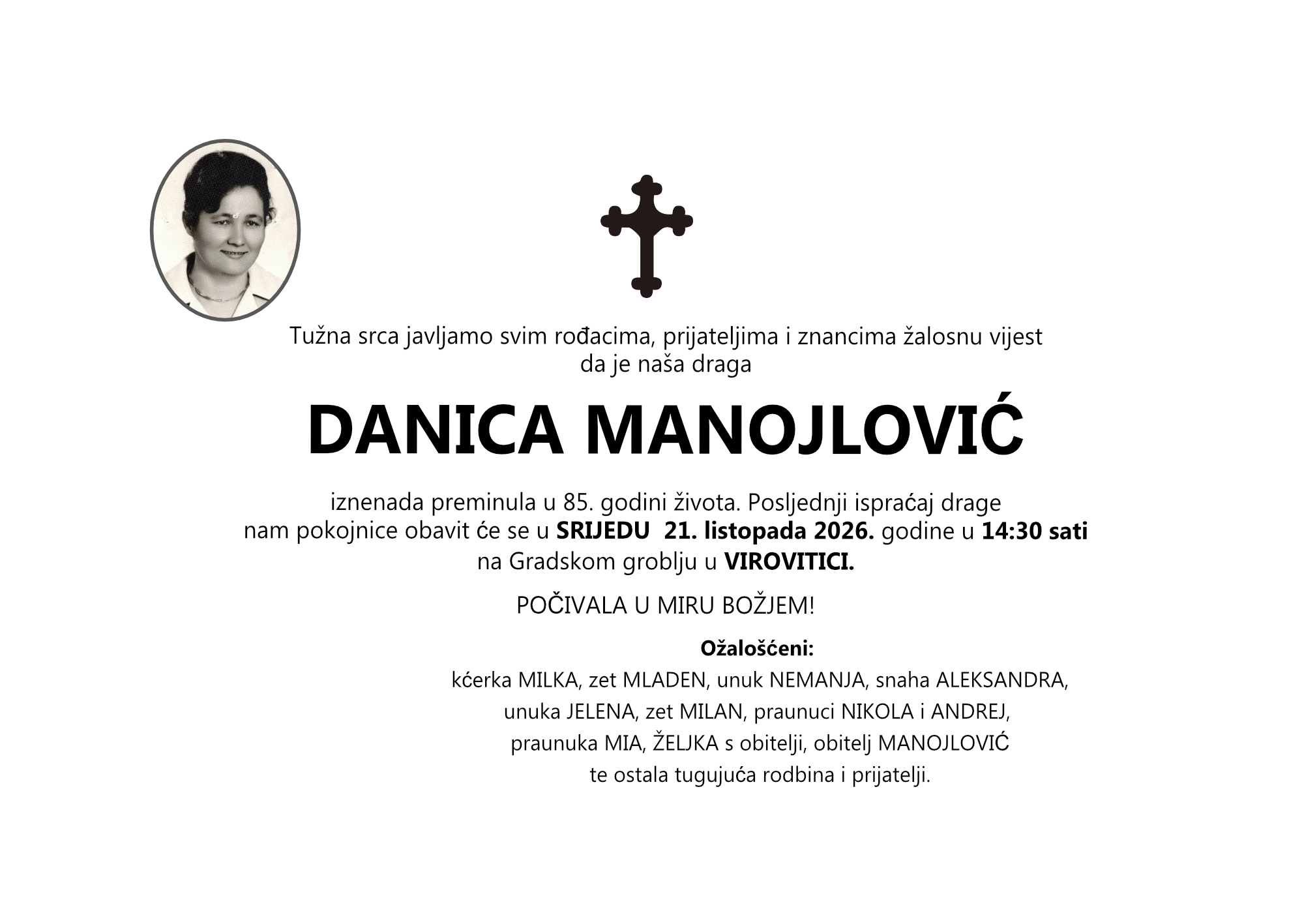 DANICA MANOJLOVIĆ, srijeda 21.10.2026. god, u 14:30 h, VIROVITICA