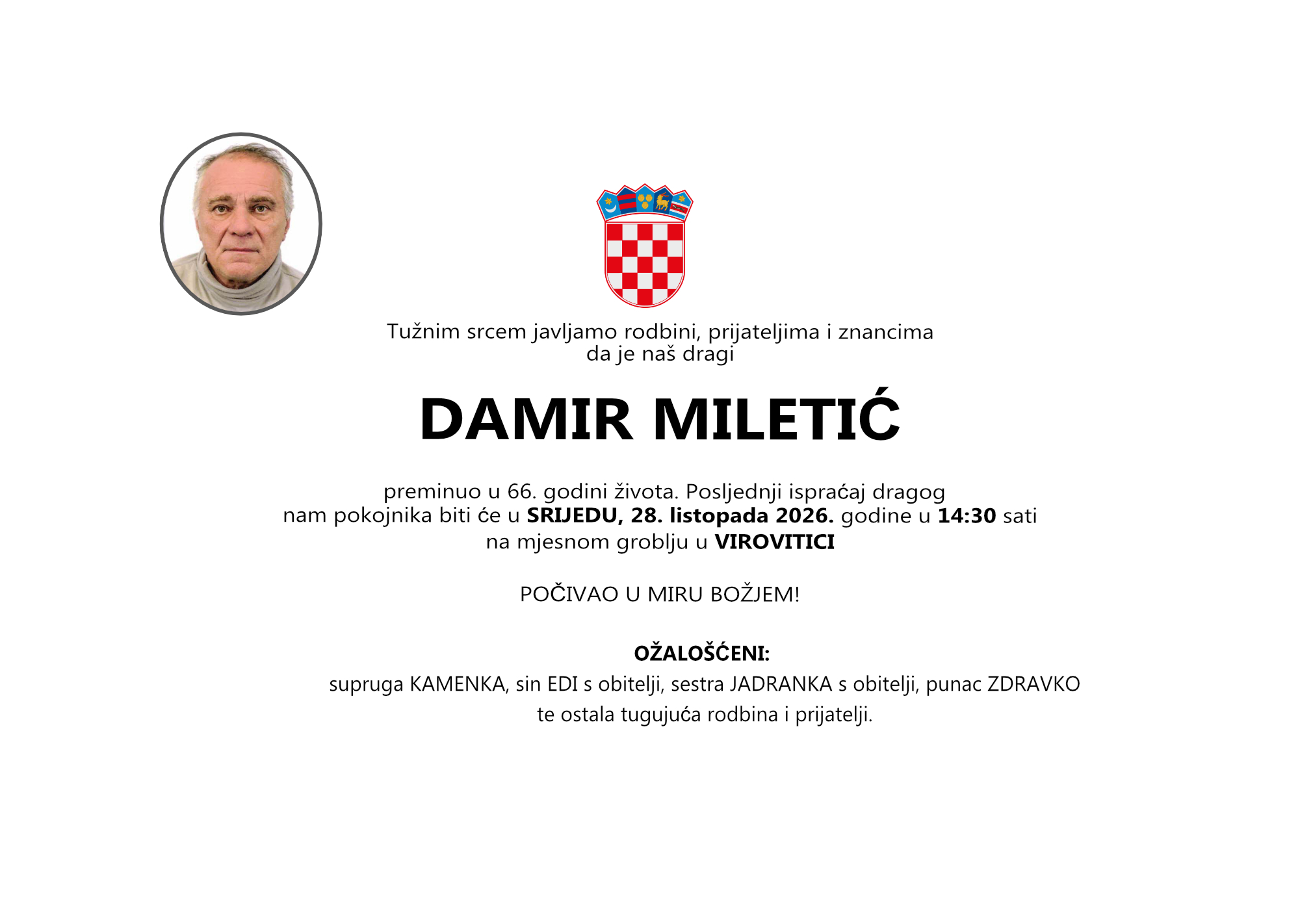 DAMIR MILETIĆ, srijeda 28.10.2026. god u 14:30 h, VIROVITICA