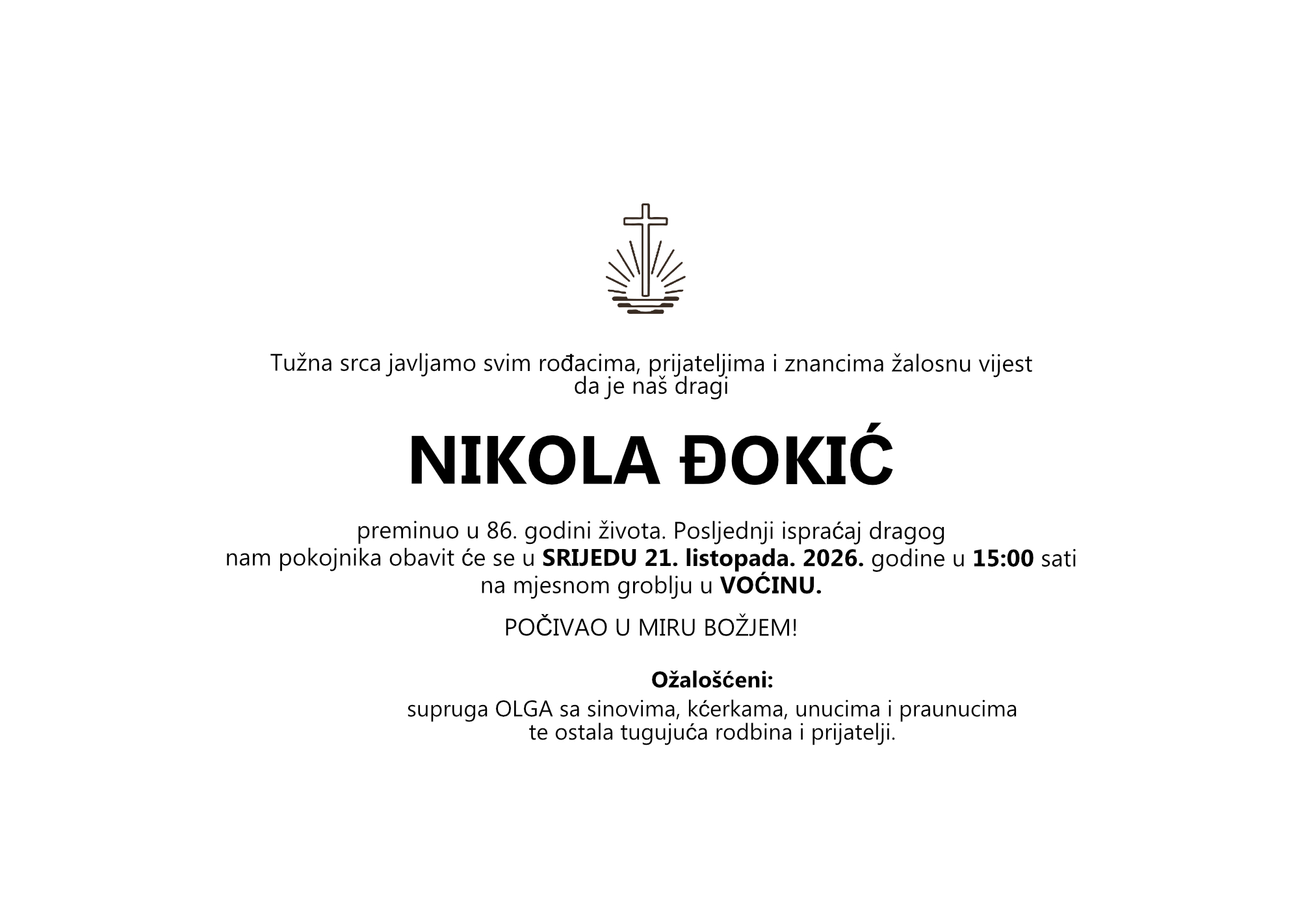 NIKOLA ĐOKIĆ, srijeda 21.10.2026. god. u 15:00 sati, VOĆIN