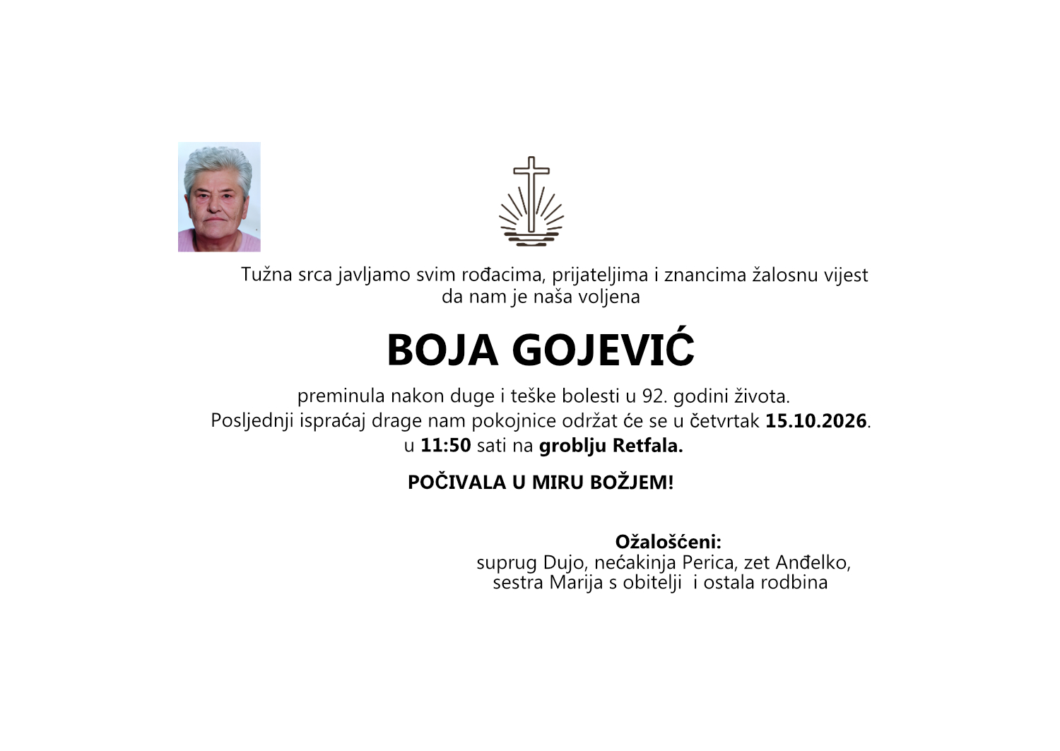 Boja Gojević, četvrtak 15.10.2026. u 11:50 sati, groblje Retfala