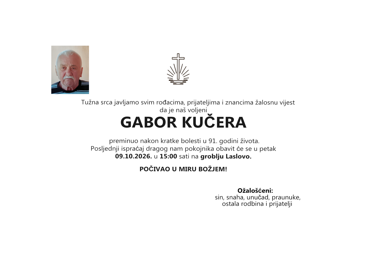 Gabor Kučera, petak 09.10.2026. u 15:00 sati, groblje Laslovo
