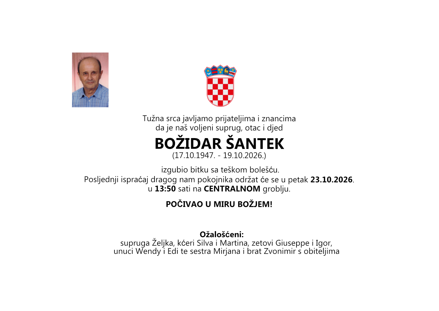 Božidar Šantek, petak 23.10.2026. u 13:50 sati, Centralno groblje