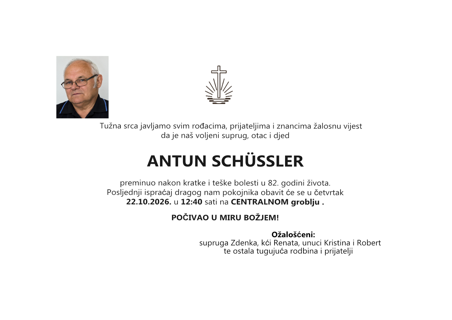 ANTUN SCHÜSSLER, četvrtak 22.10.2026. u 12:40 sati, Centralno groblje