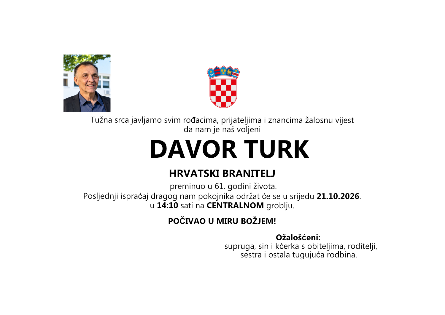 Davor Turk, srijeda 21.10.2026. u 14:10 sati, Centralno groblje