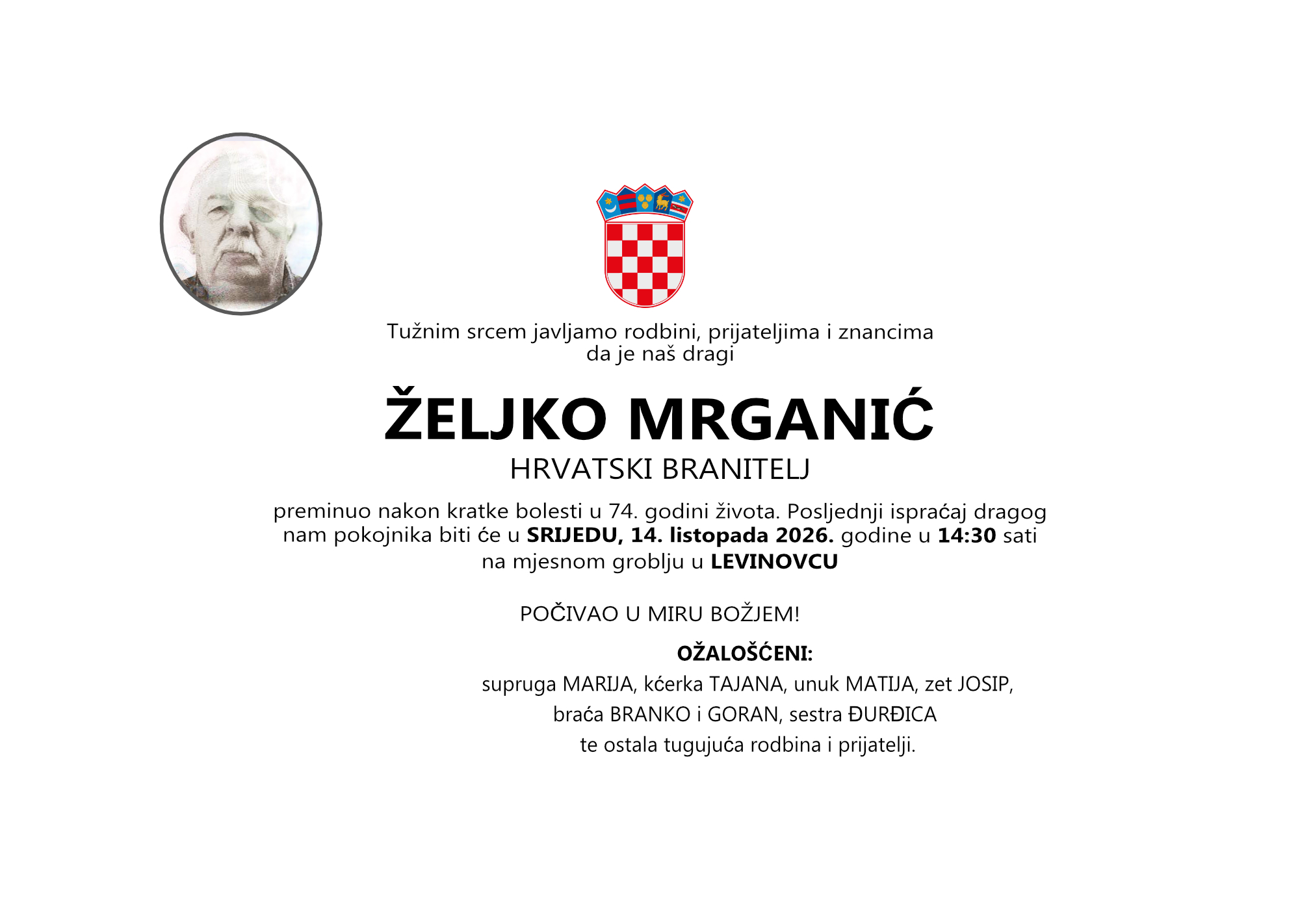 ŽELJKO MRGANIĆ, srijeda 14.10.2026. god. u 14:30 sati, LEVINOVAC